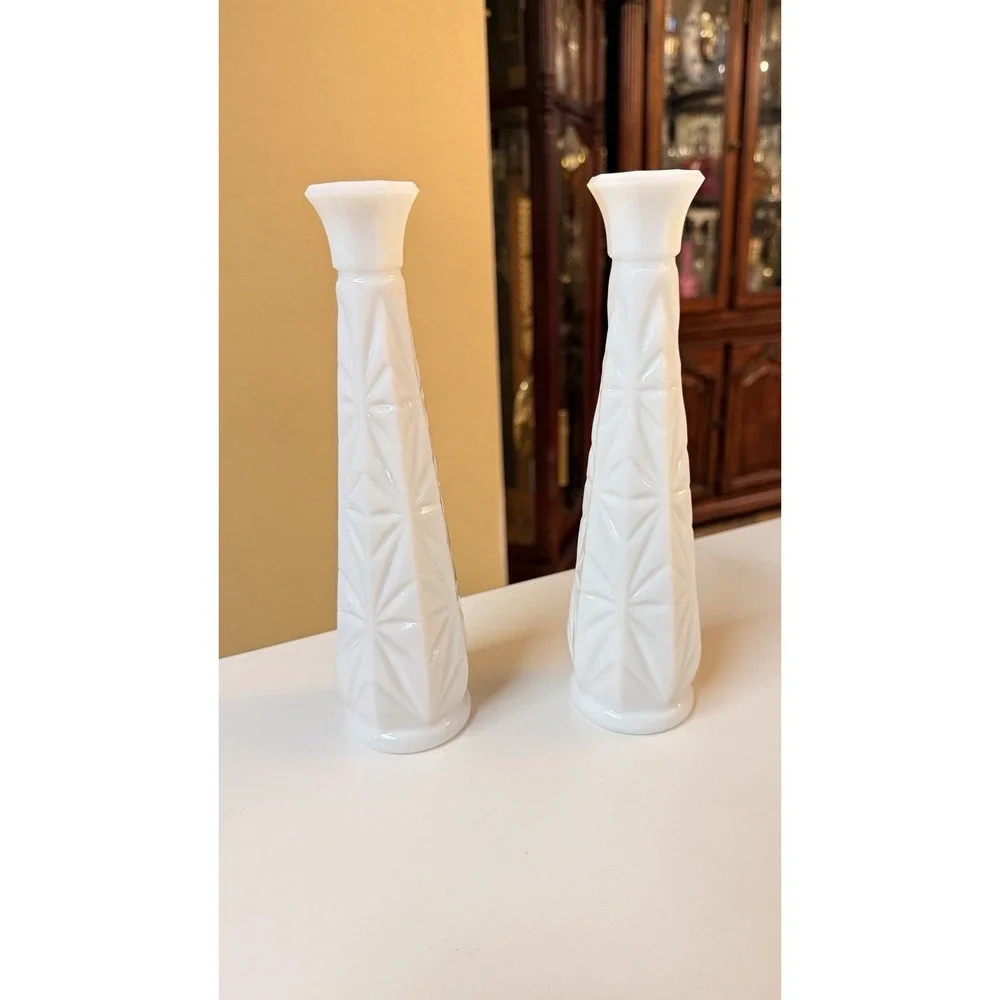 Vintage Milk Glass Bud Vases Pair 9